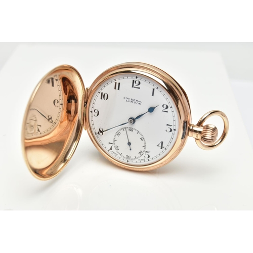 11 - AN EARLY 20TH CENTURY, 9CT GOLD J.W. BENSON FULL HUNTER POCKET WATCH, white enamel dial signed 'J.W.... 