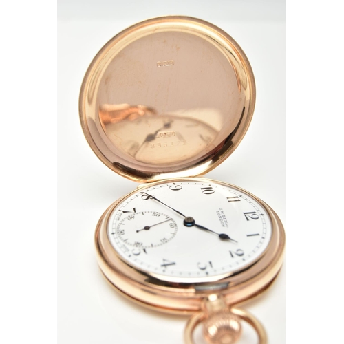 11 - AN EARLY 20TH CENTURY, 9CT GOLD J.W. BENSON FULL HUNTER POCKET WATCH, white enamel dial signed 'J.W.... 