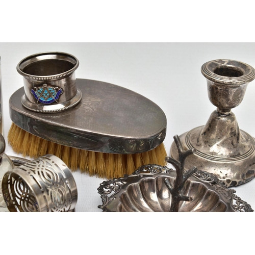 110 - A PARCEL OF 20TH CENTURY SILVER, including five assorted circular napkin rings, one with enamelled M... 