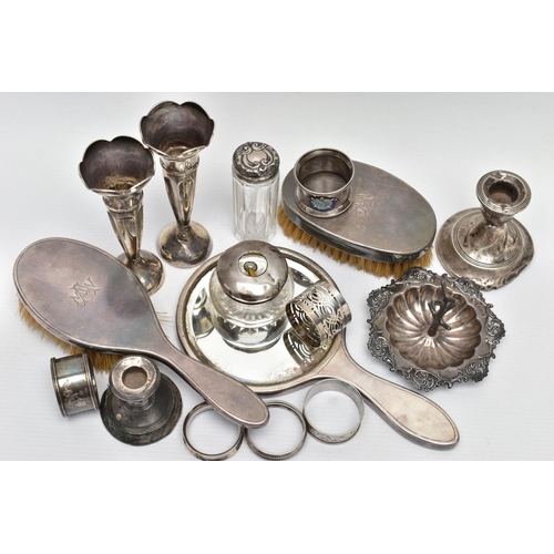 110 - A PARCEL OF 20TH CENTURY SILVER, including five assorted circular napkin rings, one with enamelled M... 