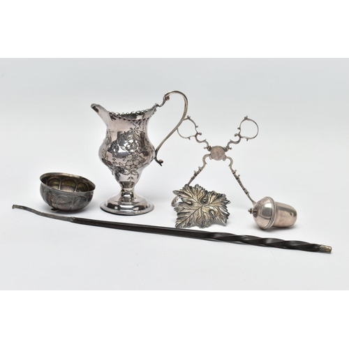 112 - A SMALL PARCEL OF 18TH AND 19TH CENTURY SILVER AND PLATE, comprising a pair of Georgian silver sugar... 