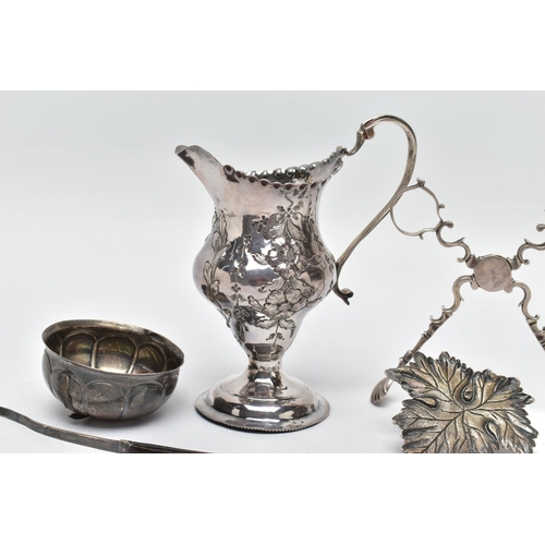 112 - A SMALL PARCEL OF 18TH AND 19TH CENTURY SILVER AND PLATE, comprising a pair of Georgian silver sugar... 