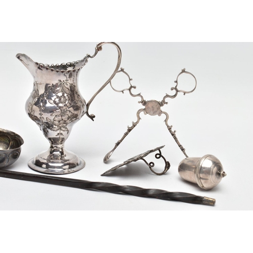 112 - A SMALL PARCEL OF 18TH AND 19TH CENTURY SILVER AND PLATE, comprising a pair of Georgian silver sugar... 