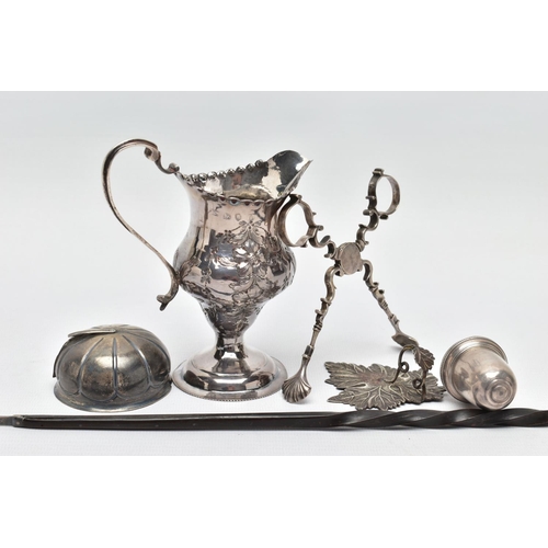 112 - A SMALL PARCEL OF 18TH AND 19TH CENTURY SILVER AND PLATE, comprising a pair of Georgian silver sugar... 