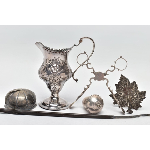 112 - A SMALL PARCEL OF 18TH AND 19TH CENTURY SILVER AND PLATE, comprising a pair of Georgian silver sugar... 