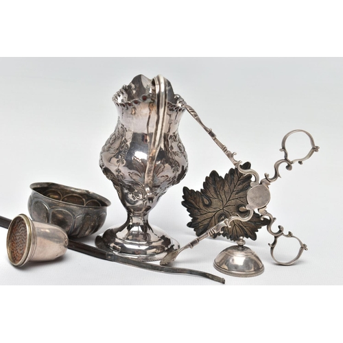 112 - A SMALL PARCEL OF 18TH AND 19TH CENTURY SILVER AND PLATE, comprising a pair of Georgian silver sugar... 