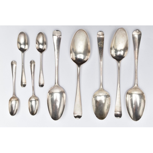 113 - FIVE 18TH CENTURY HANOVARIAN PATTERN TABLESPOONS AND A SET OF FOUR PICTURE BACK TEASPOONS, the teasp... 