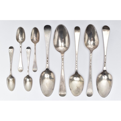 113 - FIVE 18TH CENTURY HANOVARIAN PATTERN TABLESPOONS AND A SET OF FOUR PICTURE BACK TEASPOONS, the teasp... 