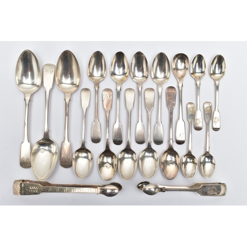 114 - A PARCEL OF ASSORTED 19TH CENTURY FIDDLE PATTERN FLATWARE, including a pair of Peter & William Batem... 