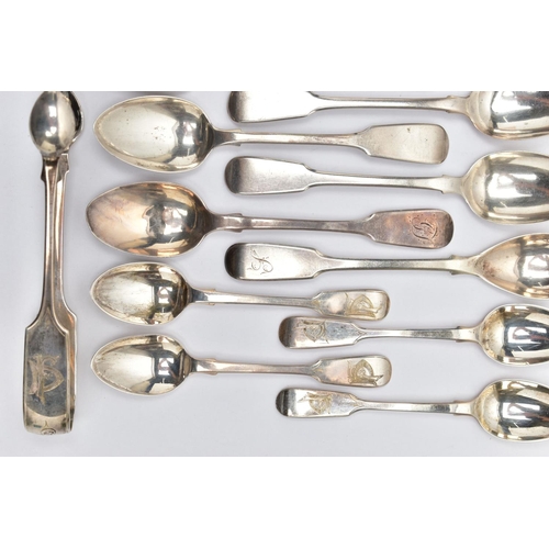 114 - A PARCEL OF ASSORTED 19TH CENTURY FIDDLE PATTERN FLATWARE, including a pair of Peter & William Batem... 