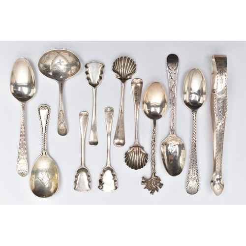 115 - A SMALL PARCEL OF 18TH, 19TH AND 20TH CENTURY SILVER TEASPOONS, CONDIMENT SPOONS, CADDY SPOONS, ETC,... 