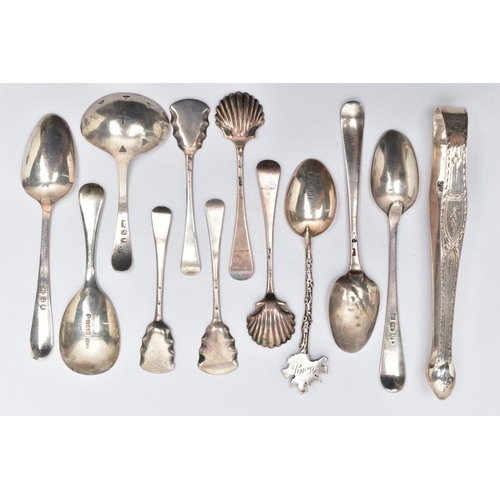 115 - A SMALL PARCEL OF 18TH, 19TH AND 20TH CENTURY SILVER TEASPOONS, CONDIMENT SPOONS, CADDY SPOONS, ETC,... 