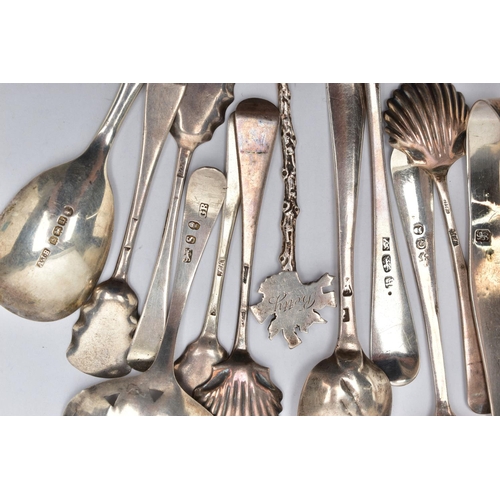 115 - A SMALL PARCEL OF 18TH, 19TH AND 20TH CENTURY SILVER TEASPOONS, CONDIMENT SPOONS, CADDY SPOONS, ETC,... 