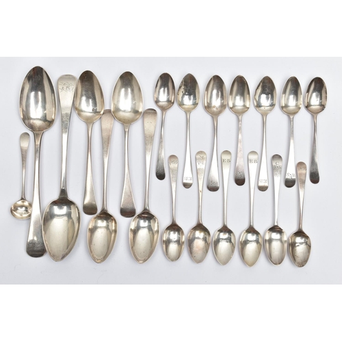 116 - A PARCEL OF LATE 18TH AND 19TH CENTURY SILVER OLD ENGLISH PATTERN SPOONS, including a pair of tables... 