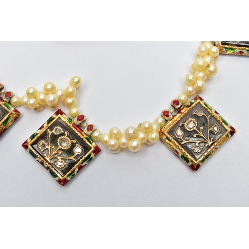 12 - AN INDIAN YELLOW METAL DIAMOND AND ENAMEL CULTURED PEARL NECKLACE, the front designed as a series of... 