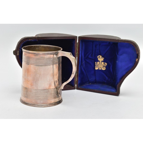 120 - A CASED VICTORIAN ELKINGTON & CO SILVER CHRISTENING MUG OF CONICAL FORM, gilt interior, horizontal r... 