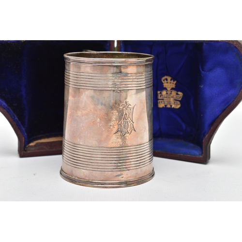 120 - A CASED VICTORIAN ELKINGTON & CO SILVER CHRISTENING MUG OF CONICAL FORM, gilt interior, horizontal r... 