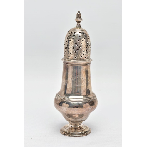 121 - A GEORGE III SCOTTISH SILVER SUGAR CASTER OF BALUSTER FORM, unmarked pull off cover with urn shaped ... 