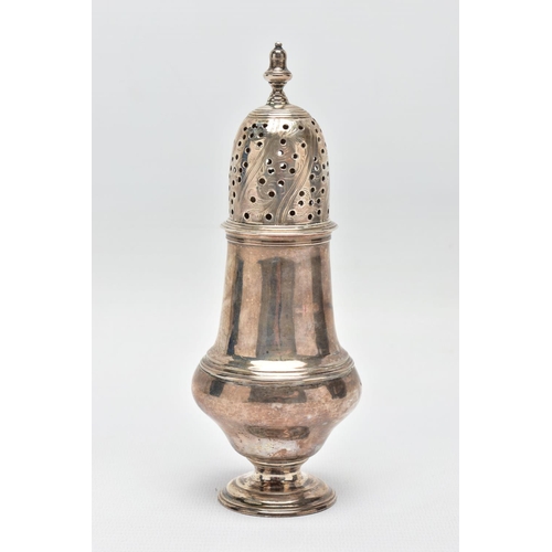 121 - A GEORGE III SCOTTISH SILVER SUGAR CASTER OF BALUSTER FORM, unmarked pull off cover with urn shaped ... 