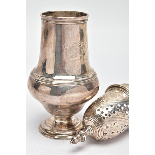 121 - A GEORGE III SCOTTISH SILVER SUGAR CASTER OF BALUSTER FORM, unmarked pull off cover with urn shaped ... 