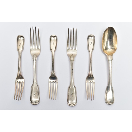 126 - A SMALL PARCEL OF VICTORIAN FIDDLE AND THREAD PATTERN FLATWARE, comprising two table forks and three... 