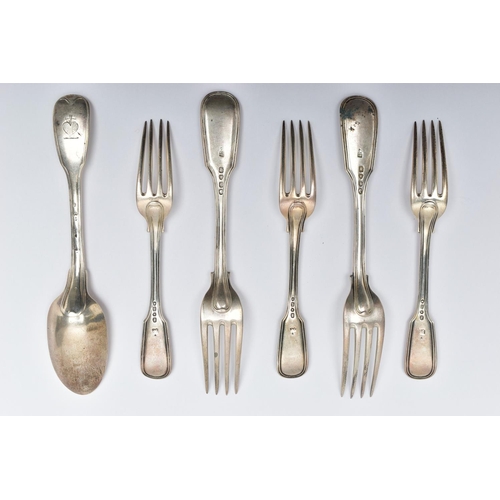 126 - A SMALL PARCEL OF VICTORIAN FIDDLE AND THREAD PATTERN FLATWARE, comprising two table forks and three... 