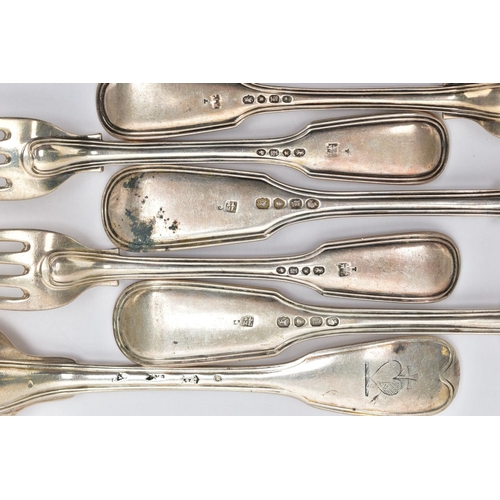 126 - A SMALL PARCEL OF VICTORIAN FIDDLE AND THREAD PATTERN FLATWARE, comprising two table forks and three... 