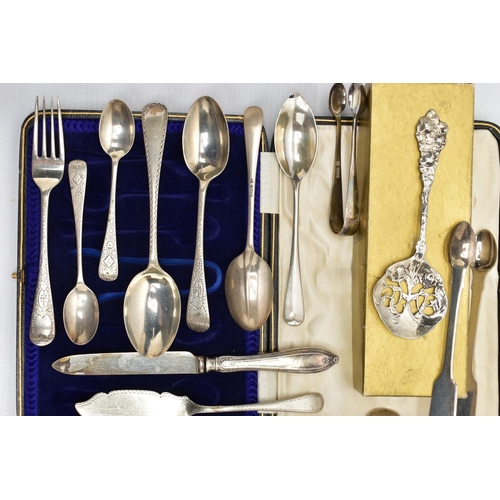 128 - ASSORTED 19TH AND 20TH CENTURY SILVER FLATWARE a bright cut desert fork and spoon set, the spoon old... 