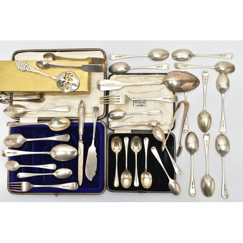 128 - ASSORTED 19TH AND 20TH CENTURY SILVER FLATWARE a bright cut desert fork and spoon set, the spoon old... 