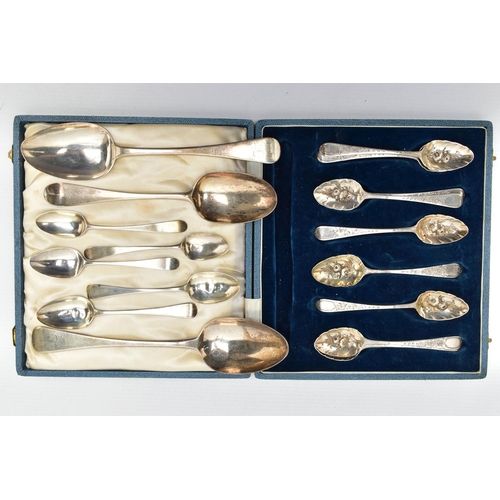 129 - GEORGE III SILVER SPOONS, nine silver old English teaspoons, reworked at a later date (possibly mid ... 