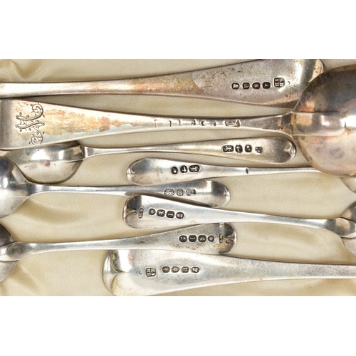 129 - GEORGE III SILVER SPOONS, nine silver old English teaspoons, reworked at a later date (possibly mid ... 