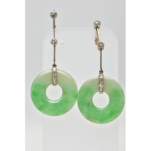 13 - A PAIR OF ART DECO JADE AND DIAMOND WHITE AND YELLOW METAL EARRINGS, each ear pendant set with a jad... 