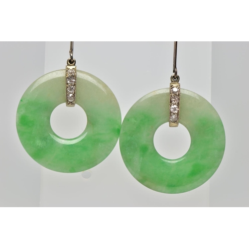 13 - A PAIR OF ART DECO JADE AND DIAMOND WHITE AND YELLOW METAL EARRINGS, each ear pendant set with a jad... 