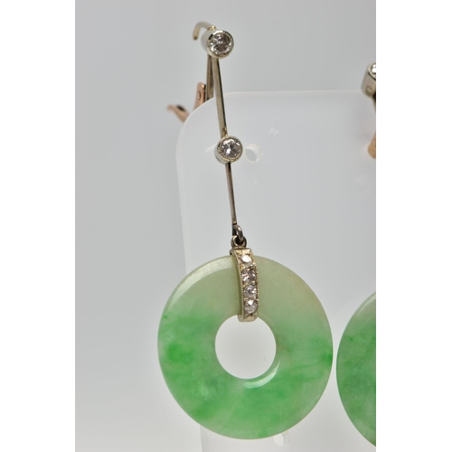 13 - A PAIR OF ART DECO JADE AND DIAMOND WHITE AND YELLOW METAL EARRINGS, each ear pendant set with a jad... 