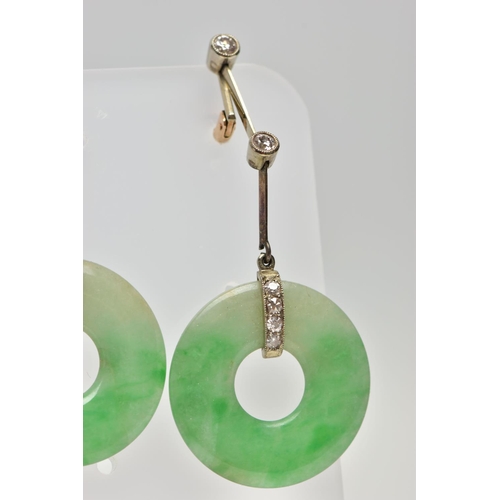 13 - A PAIR OF ART DECO JADE AND DIAMOND WHITE AND YELLOW METAL EARRINGS, each ear pendant set with a jad... 