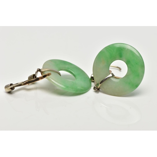 13 - A PAIR OF ART DECO JADE AND DIAMOND WHITE AND YELLOW METAL EARRINGS, each ear pendant set with a jad... 