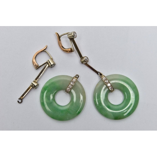 13 - A PAIR OF ART DECO JADE AND DIAMOND WHITE AND YELLOW METAL EARRINGS, each ear pendant set with a jad... 