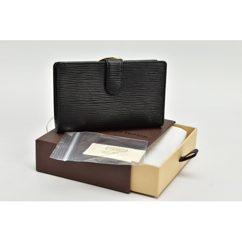 134 - A BOXED LOUIS VUITTON M63242 LADIES BI FOLD WALLET IN BLACK EPI LEATHER, height 9cm x width 13.9cm x... 