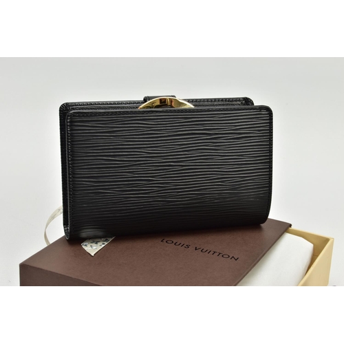 134 - A BOXED LOUIS VUITTON M63242 LADIES BI FOLD WALLET IN BLACK EPI LEATHER, height 9cm x width 13.9cm x... 