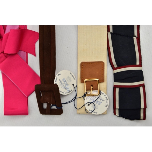 137 - DUKE & DUCHESS OF WINDSOR INTEREST, five fabric and suede belts, in a variety of styles and colours,... 