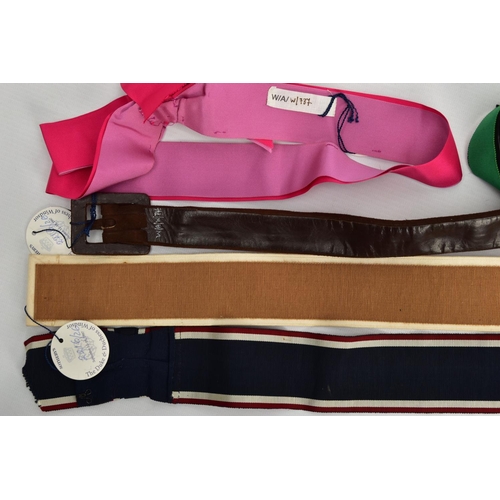 137 - DUKE & DUCHESS OF WINDSOR INTEREST, five fabric and suede belts, in a variety of styles and colours,... 