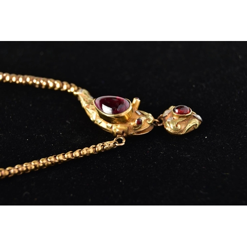 14 - A VICTORIAN GARNET SET GOLD SNAKE NECKLACE, the serpent's head set with a pear shape garnet cabochon... 