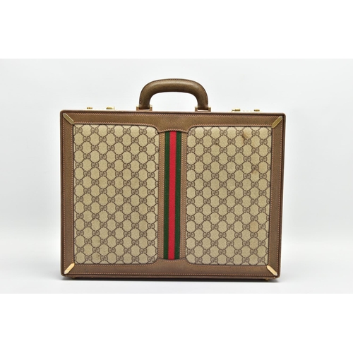 140 - A VINTAGE GUCCI BRIEFCASE WITH GREEN LEATHER TRIM, the front and back vinyl panels with Gucci logos ... 