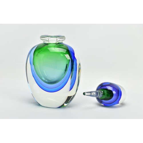 141 - A FORMIA OF MURANO OVERSIZED SOMMERSO GLASS PERFUME BOTTLE, clear over blue, purple and green, incis... 