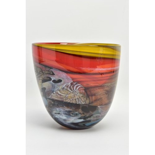 142 - ANTHONY STERN (1944-2022) A SEASCAPE GLASS VASE, INCISED SIGNATURE TO THE BASE, multi coloured swirl... 