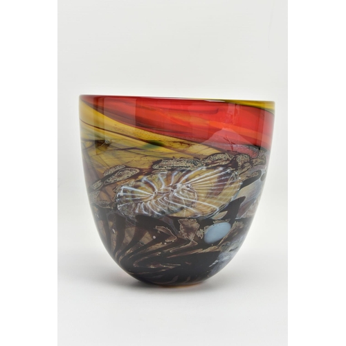 142 - ANTHONY STERN (1944-2022) A SEASCAPE GLASS VASE, INCISED SIGNATURE TO THE BASE, multi coloured swirl... 