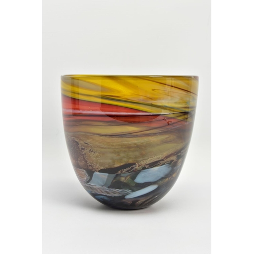 142 - ANTHONY STERN (1944-2022) A SEASCAPE GLASS VASE, INCISED SIGNATURE TO THE BASE, multi coloured swirl... 