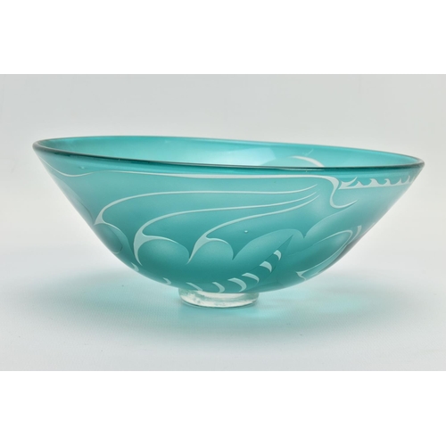 153 - JULIA LINSTEAD (BRITISH CONTEMPORARY) A GREEN OVERLAY GLASS BOWL WITH DRAGON DECORATION, signed to t... 