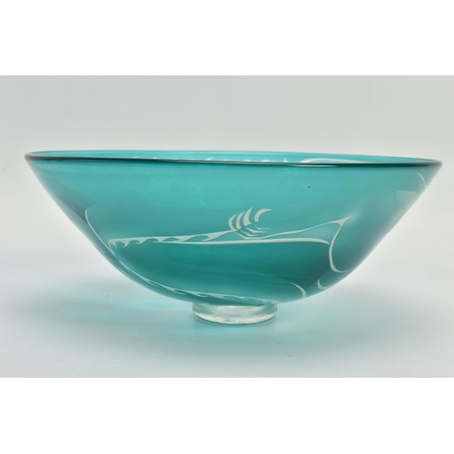 153 - JULIA LINSTEAD (BRITISH CONTEMPORARY) A GREEN OVERLAY GLASS BOWL WITH DRAGON DECORATION, signed to t... 