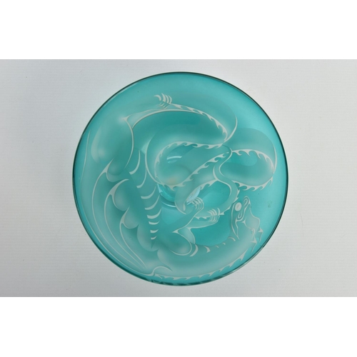 153 - JULIA LINSTEAD (BRITISH CONTEMPORARY) A GREEN OVERLAY GLASS BOWL WITH DRAGON DECORATION, signed to t... 